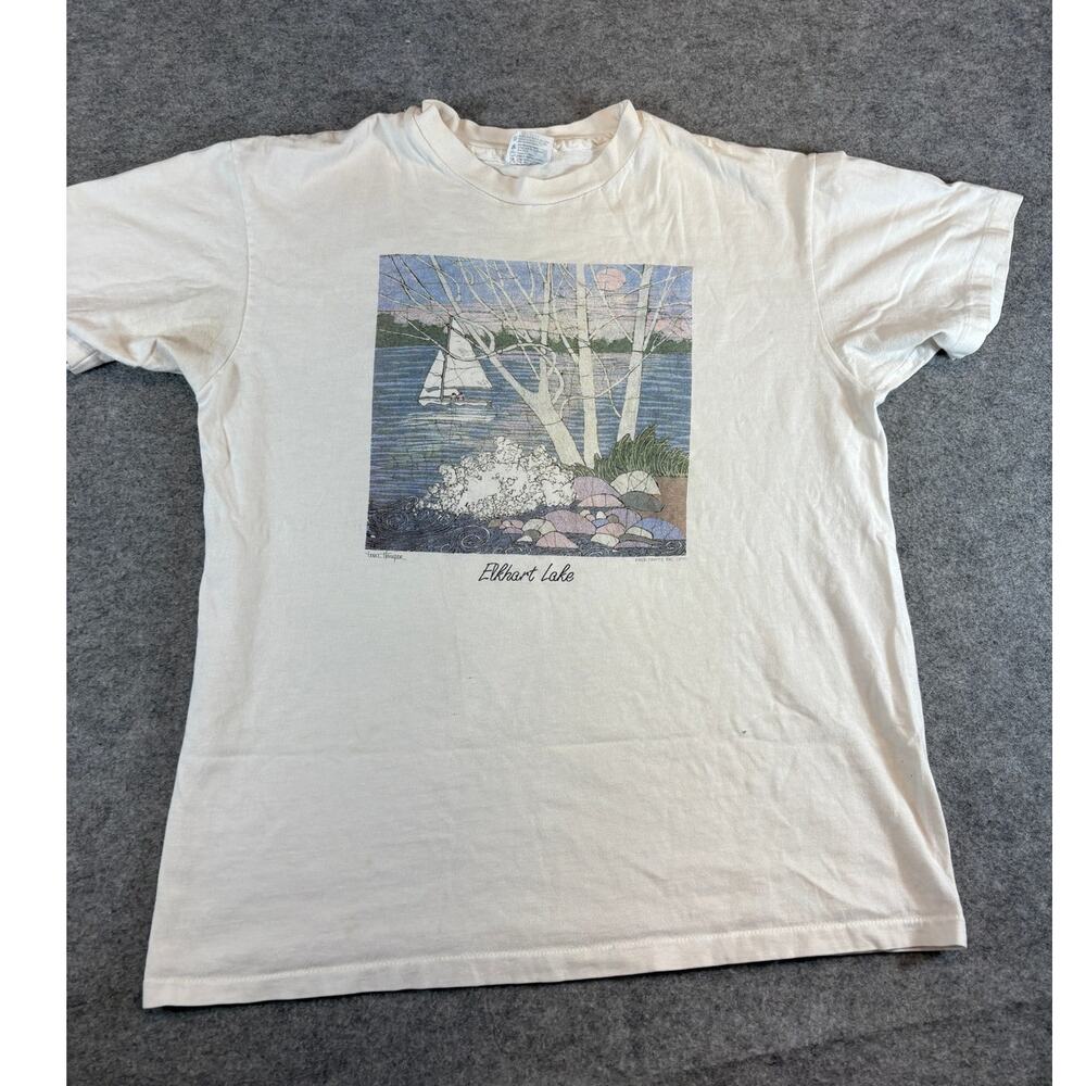 VINTAGE 90s Elkhart Lake Shirt Mens Large White Graphic Nature Single Stitch Tee